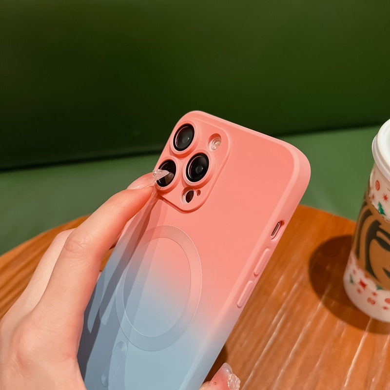Coque de téléphone magnétique de luxe à dégradé de couleur pour iPhone, avec protection d'objectif