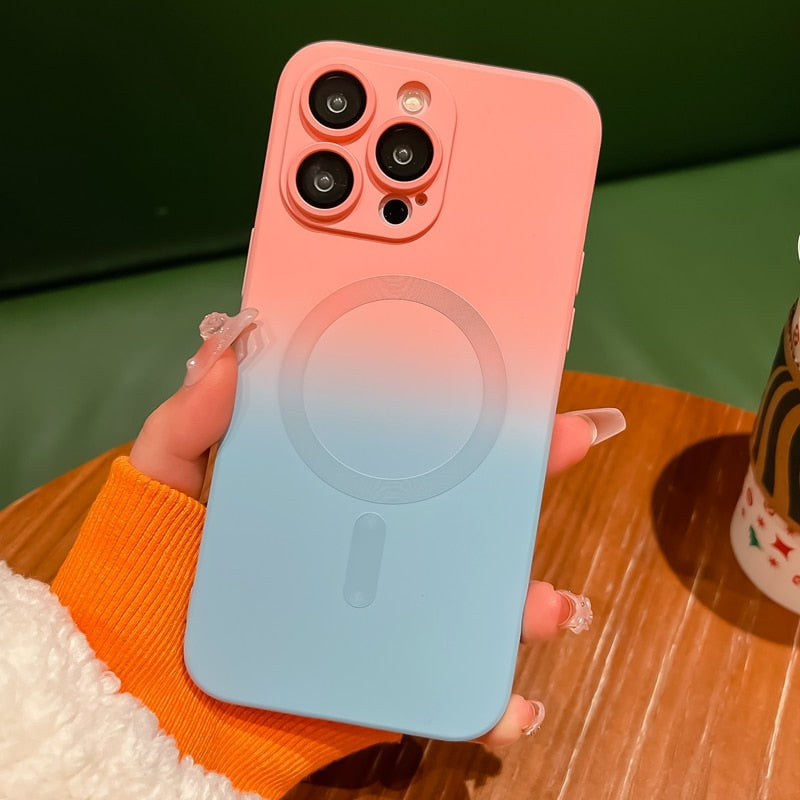 Coque de téléphone magnétique de luxe à dégradé de couleur pour iPhone, avec protection d'objectif