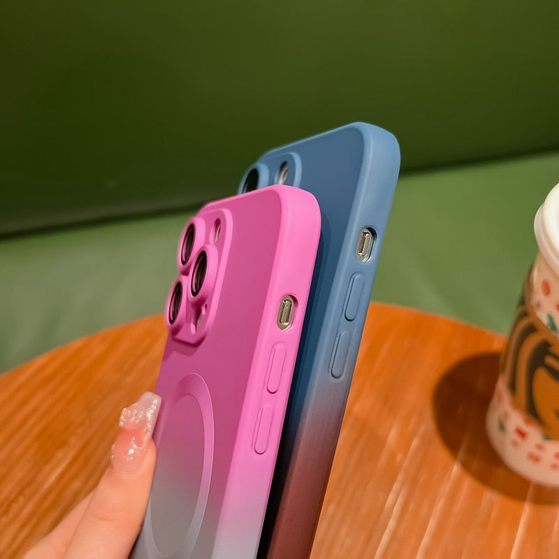 Coque de téléphone magnétique de luxe à dégradé de couleur pour iPhone, avec protection d'objectif