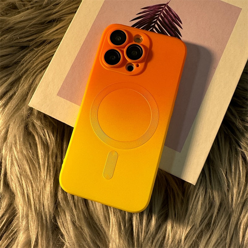 Coque de téléphone magnétique de luxe à dégradé de couleur pour iPhone, avec protection d'objectif