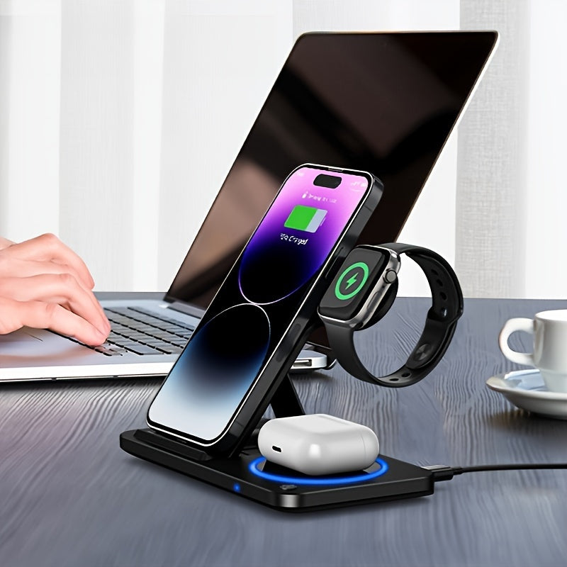 Chargeur sans fil pliable 3 en 1, station de charge rapide sans fil pour iPhone 15/14/13/12/11/Pro/Max/Mini/8/Plus/X/XR/XS/X/SE, pour iWatch Ultra2/Ultra/9/8/7/6/5/4/3/2/1/SE, pour AirPods 3/2/Pro2/Pr