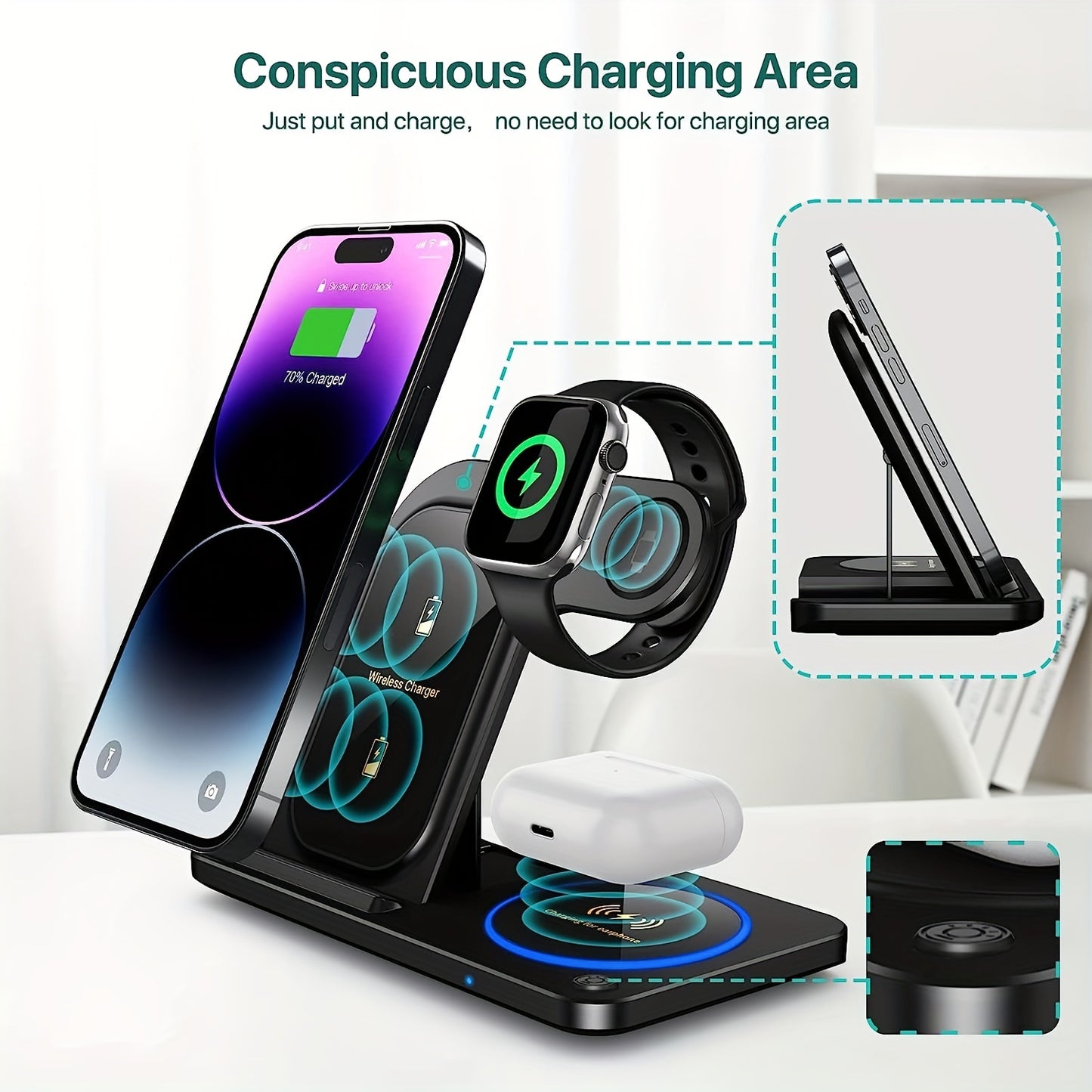 Chargeur sans fil pliable 3 en 1, station de charge rapide sans fil pour iPhone 15/14/13/12/11/Pro/Max/Mini/8/Plus/X/XR/XS/X/SE, pour iWatch Ultra2/Ultra/9/8/7/6/5/4/3/2/1/SE, pour AirPods 3/2/Pro2/Pr