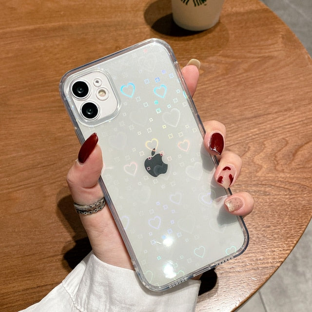 Coque transparente holographique avec cœurs pour iPhone