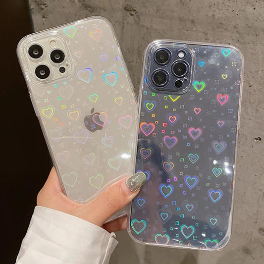 Coque transparente holographique avec cœurs pour iPhone