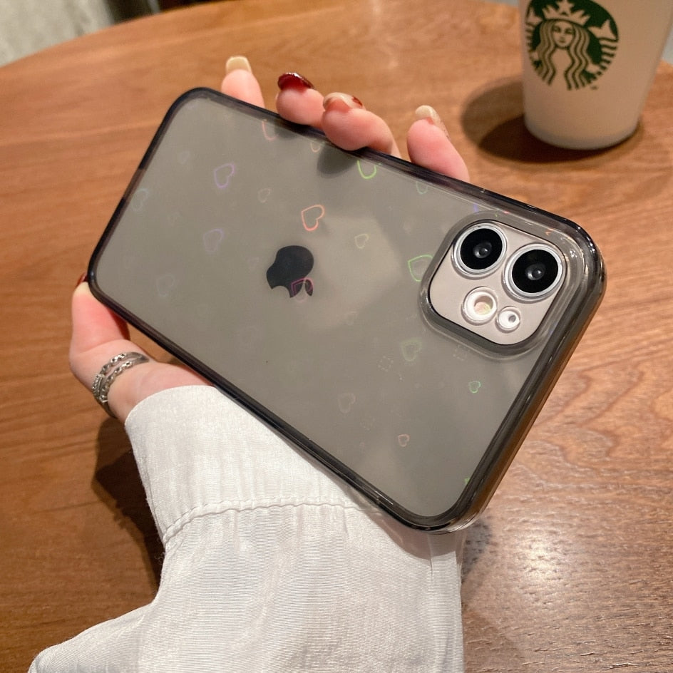 Coque transparente holographique avec cœurs pour iPhone