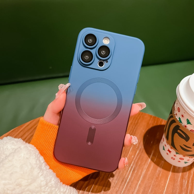 Coque de téléphone magnétique de luxe à dégradé de couleur pour iPhone, avec protection d'objectif
