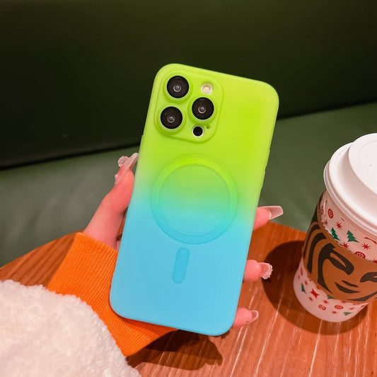 Coque de téléphone magnétique de luxe à dégradé de couleur pour iPhone, avec protection d'objectif