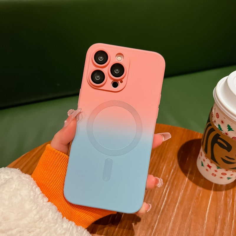 Coque de téléphone magnétique de luxe à dégradé de couleur pour iPhone, avec protection d'objectif