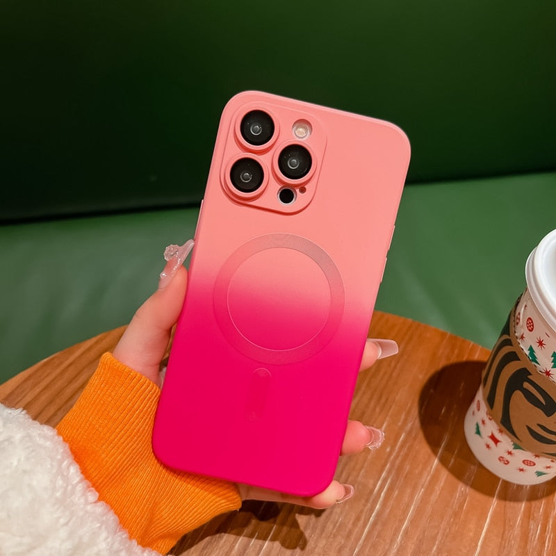 Coque de téléphone magnétique de luxe à dégradé de couleur pour iPhone, avec protection d'objectif