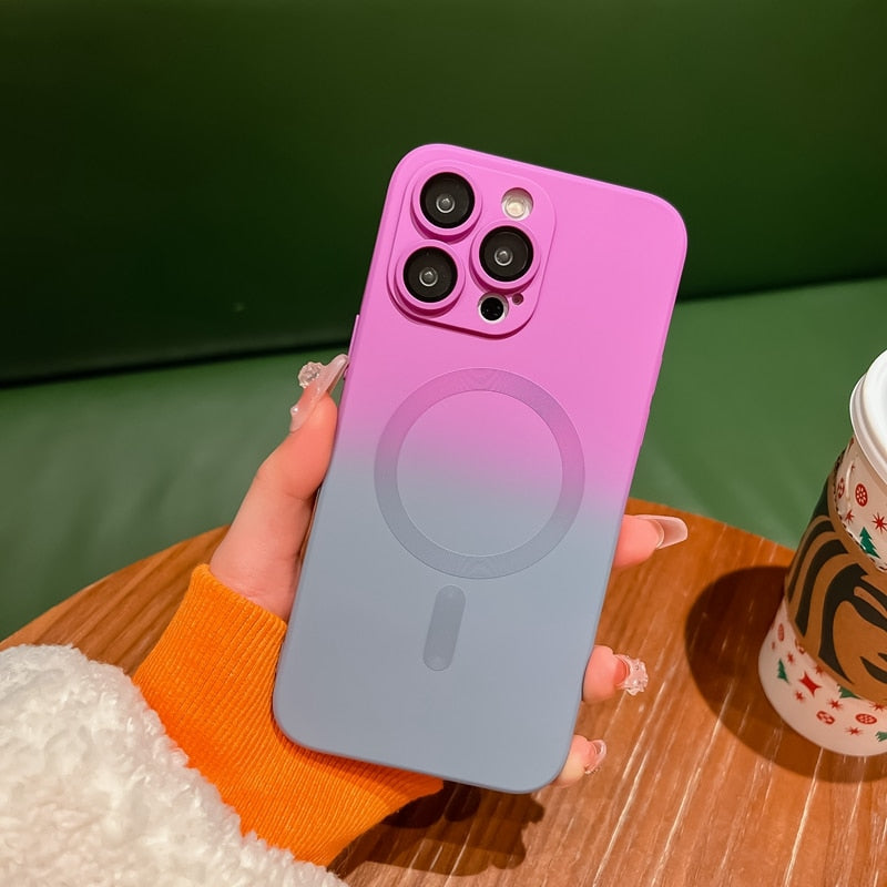 Coque de téléphone magnétique de luxe à dégradé de couleur pour iPhone, avec protection d'objectif